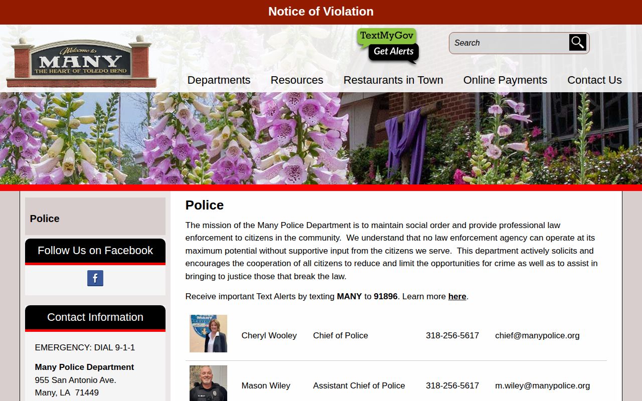 Official Town of Many Police Department webpage with department contact information