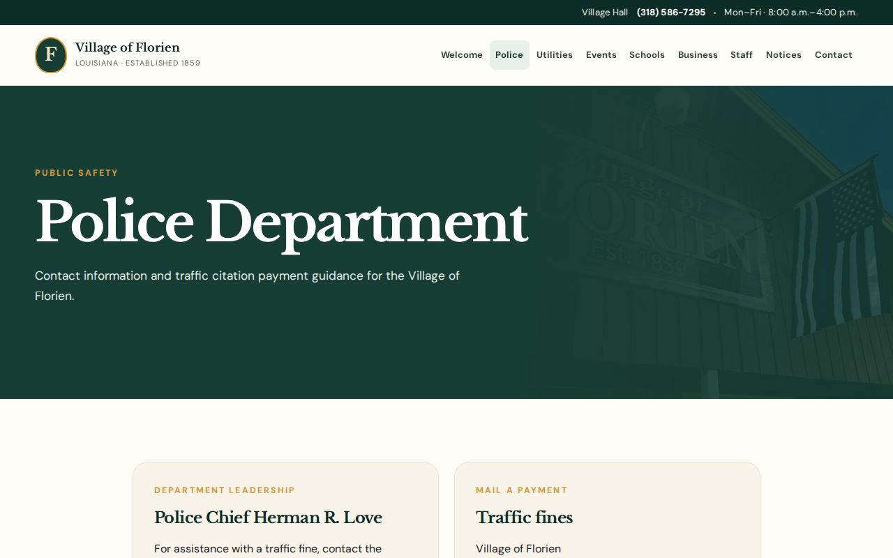 Official Village of Florien Police Department contact webpage