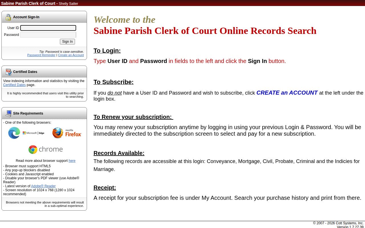 Sabine Parish Clerk online court records login page