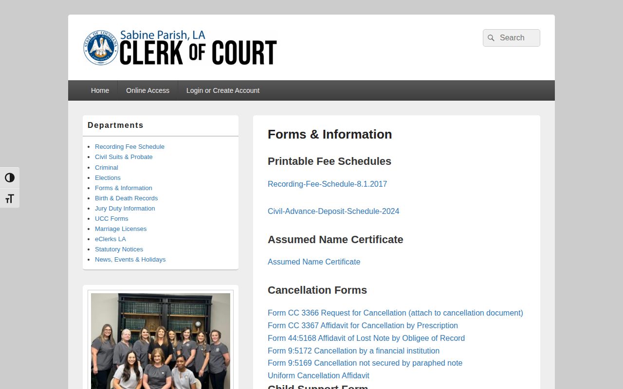 Sabine Parish Clerk official forms page for expungement documents
