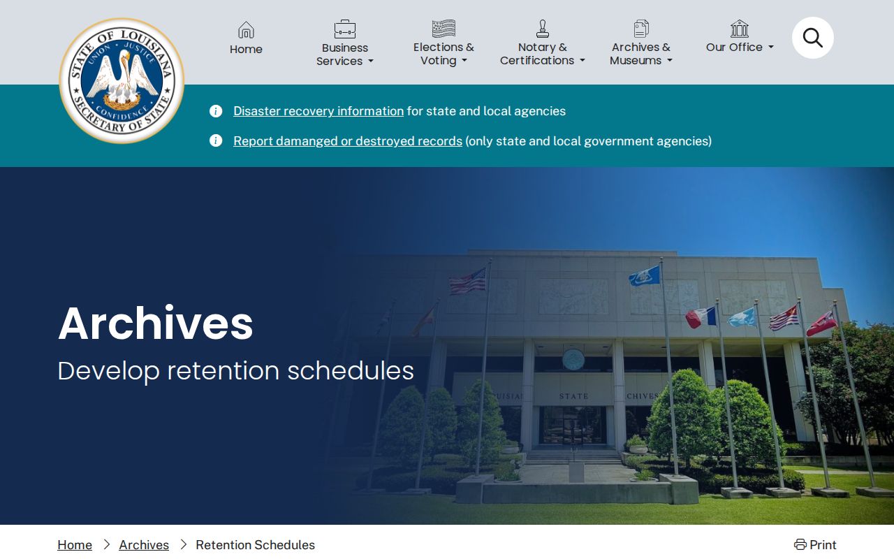 Louisiana State Archives records retention schedules page